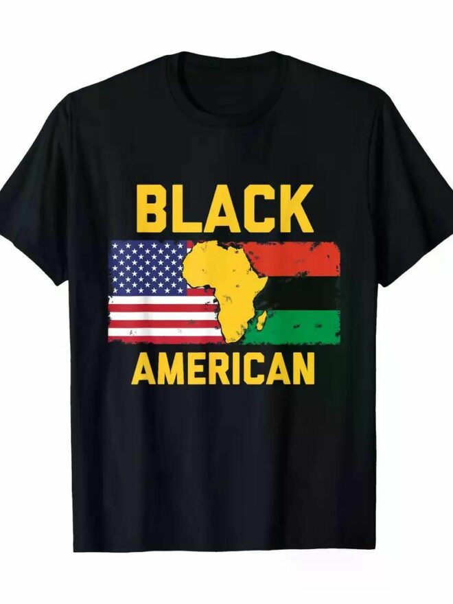 Men'S T-shirt 220g 100% Cotton - Black American design with Pan-African and American Flag T-Shirt - Image 7