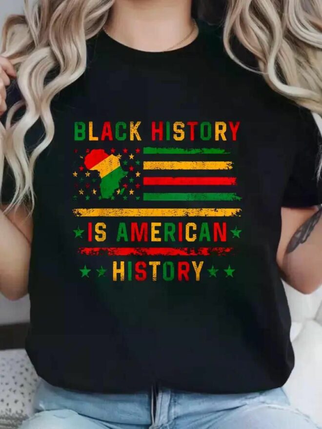 Women's Patriotic African American T-Shirt - "Black History Is American History" Design, Short Sleeve,, Casual Crew Neck, Machine Washable, Black with Colorful Stripes & Stars