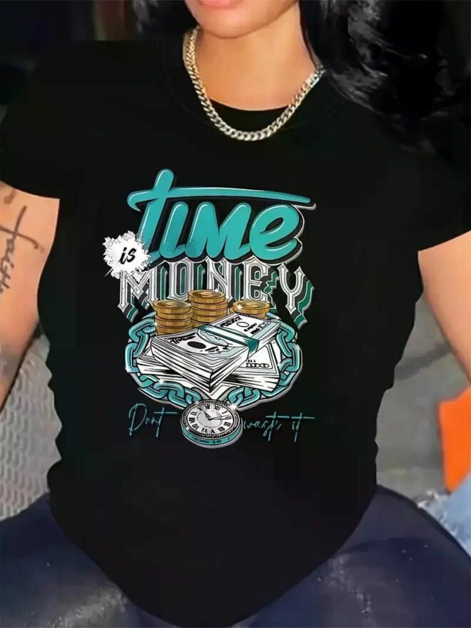Women's T-Shirt with Time Money Dollar Print, Casual Crew Neck Short Sleeve Top for All Seasons, Sports Style Knit Fabric Tee - Image 31