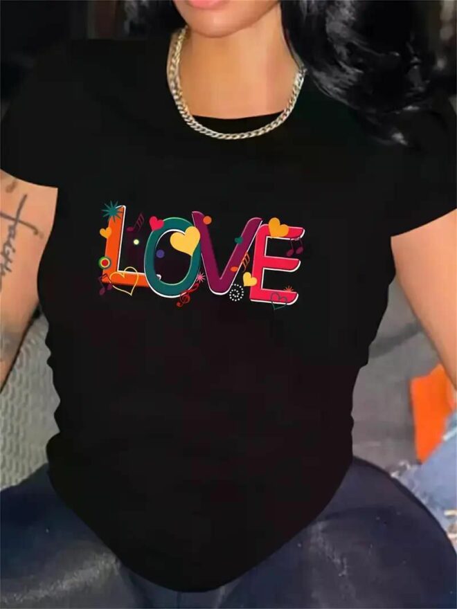 Large Size 220g, Valentine'S Day Love Letter Pattern Short-sleeved Casual Top, Fashionable Loose And Comfortable Round Neck Sports T-shirt, Women'S Sportswear - Image 25