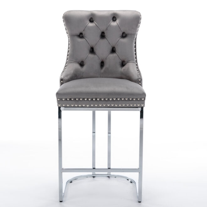26" Counter Height Bar Stools Set of 2, Modern Velvet Barstools with Button Back&Rivet Trim Upholstered Kitchen Island Chairs with Sturdy Chromed Metal Base Legs Farmhouse Bar Stools, (Gray,2 Pack) - Image 2