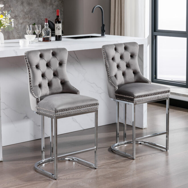 26" Counter Height Bar Stools Set of 2, Modern Velvet Barstools with Button Back&Rivet Trim Upholstered Kitchen Island Chairs with Sturdy Chromed Metal Base Legs Farmhouse Bar Stools, (Gray,2 Pack) - Image 16