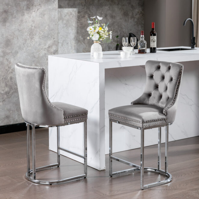 26" Counter Height Bar Stools Set of 2, Modern Velvet Barstools with Button Back&Rivet Trim Upholstered Kitchen Island Chairs with Sturdy Chromed Metal Base Legs Farmhouse Bar Stools, (Gray,2 Pack) - Image 17