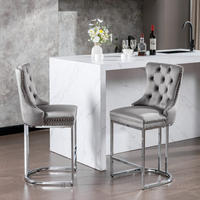 26" Counter Height Bar Stools Set of 2, Modern Velvet Barstools with Button Back&Rivet Trim Upholstered Kitchen Island Chairs with Sturdy Chromed Metal Base Legs Farmhouse Bar Stools, (Gray,2 Pack) - Image 18