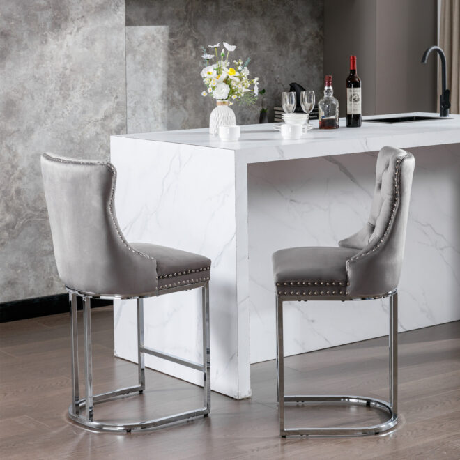 26" Counter Height Bar Stools Set of 2, Modern Velvet Barstools with Button Back&Rivet Trim Upholstered Kitchen Island Chairs with Sturdy Chromed Metal Base Legs Farmhouse Bar Stools, (Gray,2 Pack) - Image 19
