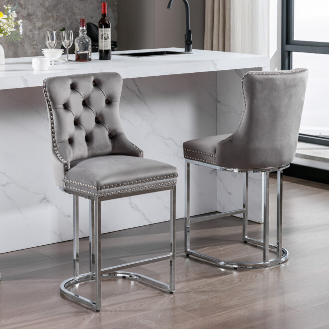 26" Counter Height Bar Stools Set of 2, Modern Velvet Barstools with Button Back&Rivet Trim Upholstered Kitchen Island Chairs with Sturdy Chromed Metal Base Legs Farmhouse Bar Stools, (Gray,2 Pack) - Image 20