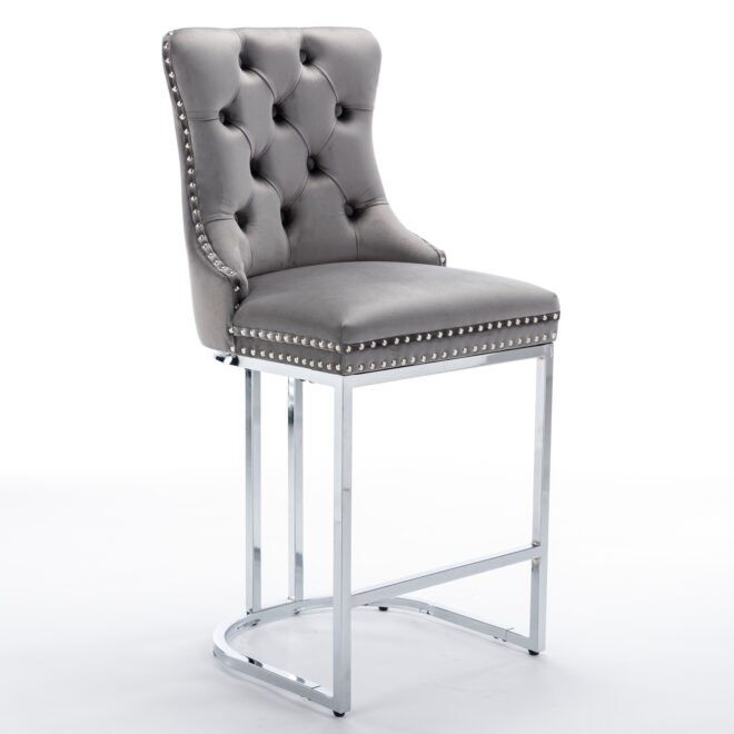 26" Counter Height Bar Stools Set of 2, Modern Velvet Barstools with Button Back&Rivet Trim Upholstered Kitchen Island Chairs with Sturdy Chromed Metal Base Legs Farmhouse Bar Stools, (Gray,2 Pack) - Image 3