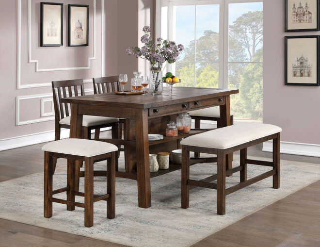 Set of 2pcs Counter Height Chair Dining Room Furniture Rustic Oak / Beige Fabric Cushion w/ Welt Slat Back Kitchen Breakfast - Image 6