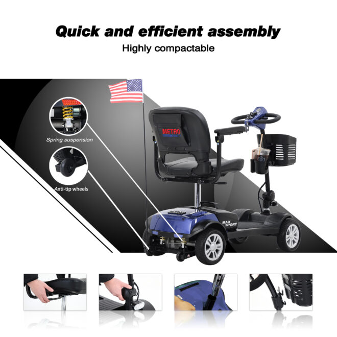 MAX SPORT BLUE 4 Wheels Outdoor Compact Mobility Scooter with 2 in 1 Cup & Phone Holder - Image 3
