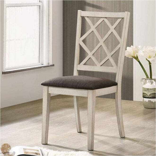 Antique White Solid wood Set of 2 Chairs Unique Design Back Kitchen Dining Room Breakfast Grey Cushion Seat Chair Fabric - Image 2