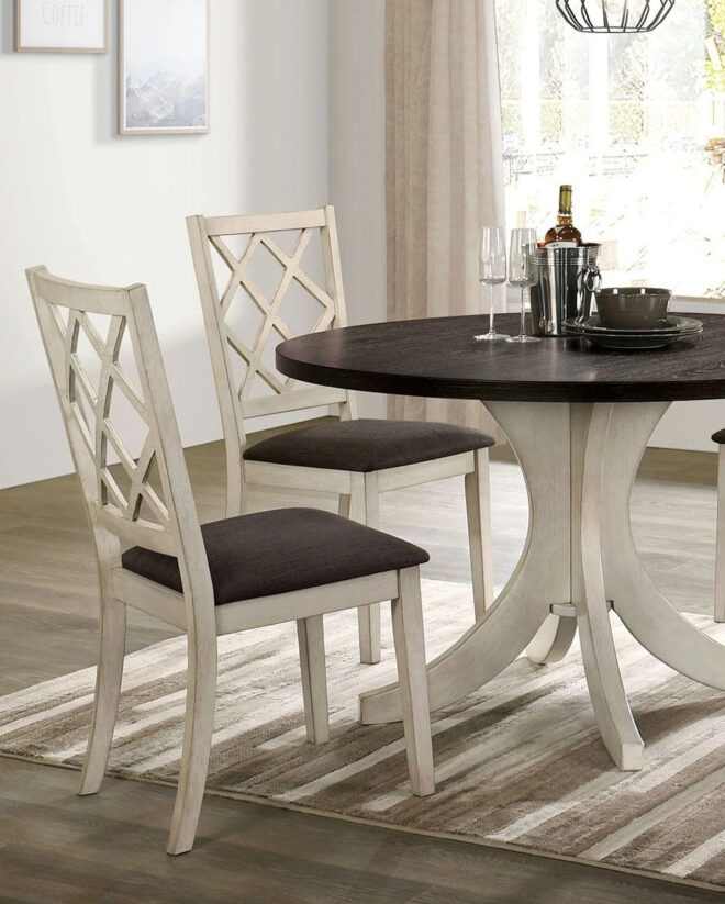 Antique White Solid wood Set of 2 Chairs Unique Design Back Kitchen Dining Room Breakfast Grey Cushion Seat Chair Fabric - Image 3