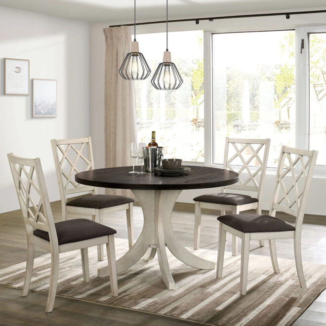 Antique White Solid wood Set of 2 Chairs Unique Design Back Kitchen Dining Room Breakfast Grey Cushion Seat Chair Fabric - Image 5