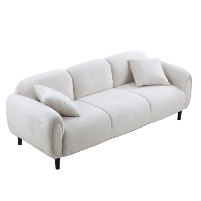 Mid Century Modern 3 seater Couch Velveteen sofa with solid wood leg for Living Room, bedroom, livingroom Beige - Image 4