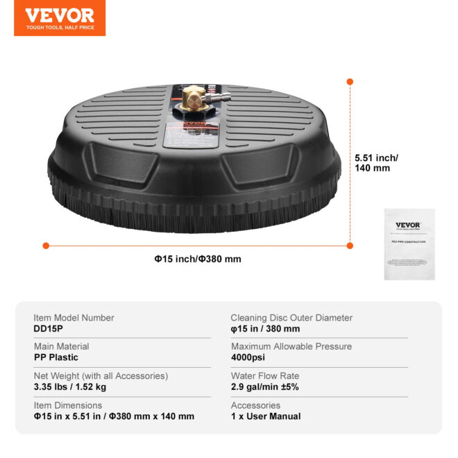 VEVOR Universal 15" Pressure Washer Surface Cleaner, Pressure Washer Attachment 4000 Max PSI, 1/4" Quick-Connect Connector Concrete Cleaner, Heavy Duty Power Washer for Floor Driveway, Patio,Sidewalk - Image 7