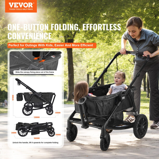 VEVOR All-Terrain Stroller Wagon, 2 Seats Foldable Expedition 2-in-1 Collapsible Wagon Stroller, Includes Canopy, Parent Organizer, Snack Tray & Cup Holders, 55lbs for Single Seat, Black - Image 2