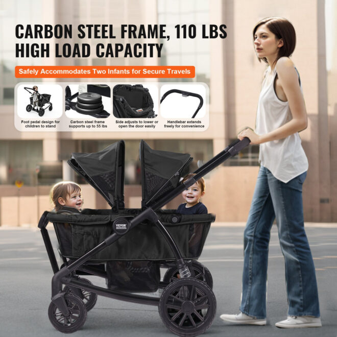 VEVOR All-Terrain Stroller Wagon, 2 Seats Foldable Expedition 2-in-1 Collapsible Wagon Stroller, Includes Canopy, Parent Organizer, Snack Tray & Cup Holders, 55lbs for Single Seat, Black - Image 3