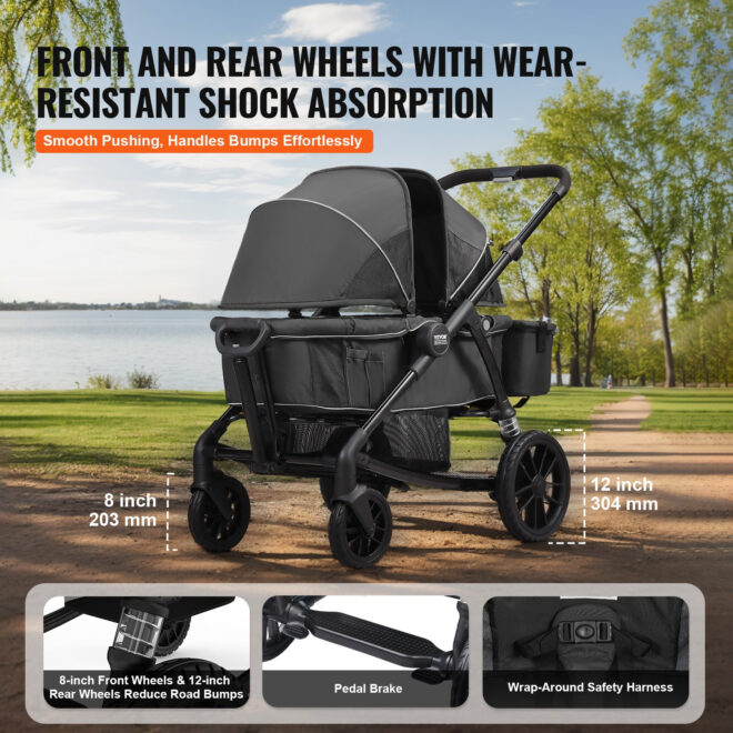 VEVOR All-Terrain Stroller Wagon, 2 Seats Foldable Expedition 2-in-1 Collapsible Wagon Stroller, Includes Canopy, Parent Organizer, Snack Tray & Cup Holders, 55lbs for Single Seat, Black - Image 4
