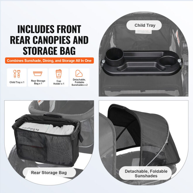 VEVOR All-Terrain Stroller Wagon, 2 Seats Foldable Expedition 2-in-1 Collapsible Wagon Stroller, Includes Canopy, Parent Organizer, Snack Tray & Cup Holders, 55lbs for Single Seat, Black - Image 5