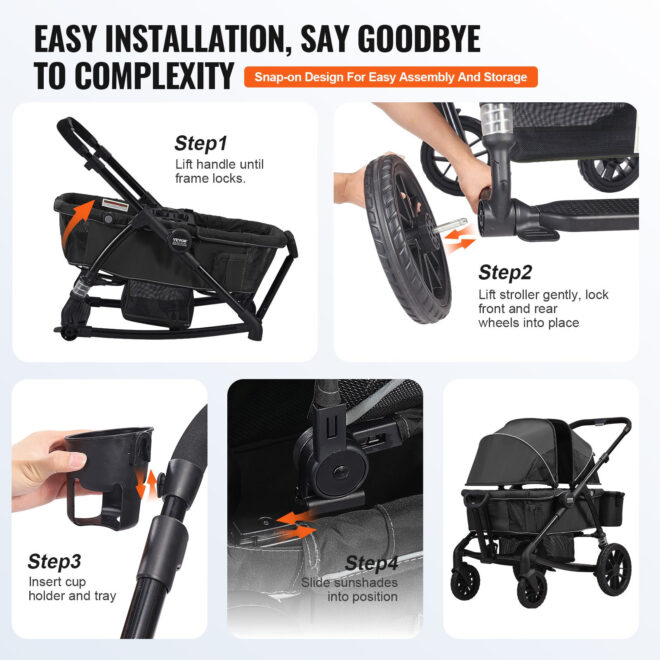 VEVOR All-Terrain Stroller Wagon, 2 Seats Foldable Expedition 2-in-1 Collapsible Wagon Stroller, Includes Canopy, Parent Organizer, Snack Tray & Cup Holders, 55lbs for Single Seat, Black - Image 6