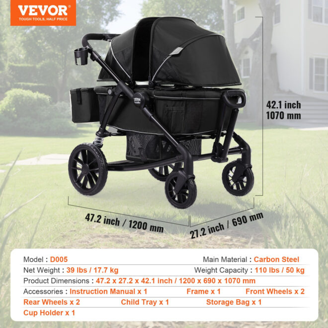 VEVOR All-Terrain Stroller Wagon, 2 Seats Foldable Expedition 2-in-1 Collapsible Wagon Stroller, Includes Canopy, Parent Organizer, Snack Tray & Cup Holders, 55lbs for Single Seat, Black - Image 7