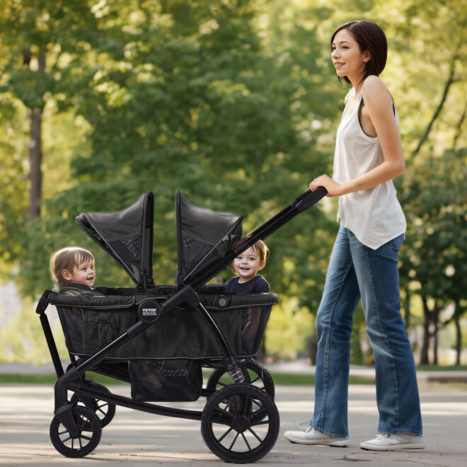 VEVOR All-Terrain Stroller Wagon, 2 Seats Foldable Expedition 2-in-1 Collapsible Wagon Stroller, Includes Canopy, Parent Organizer, Snack Tray & Cup Holders, 55lbs for Single Seat, Black - Image 8