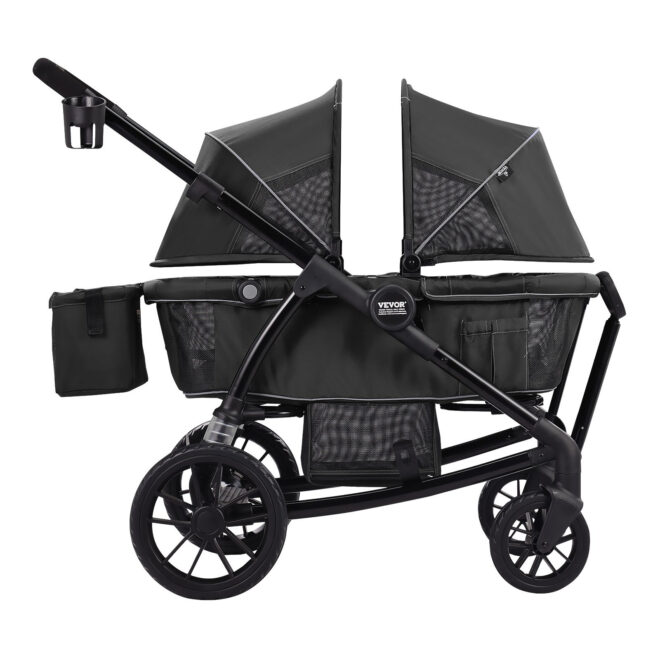 VEVOR All-Terrain Stroller Wagon, 2 Seats Foldable Expedition 2-in-1 Collapsible Wagon Stroller, Includes Canopy, Parent Organizer, Snack Tray & Cup Holders, 55lbs for Single Seat, Black - Image 9