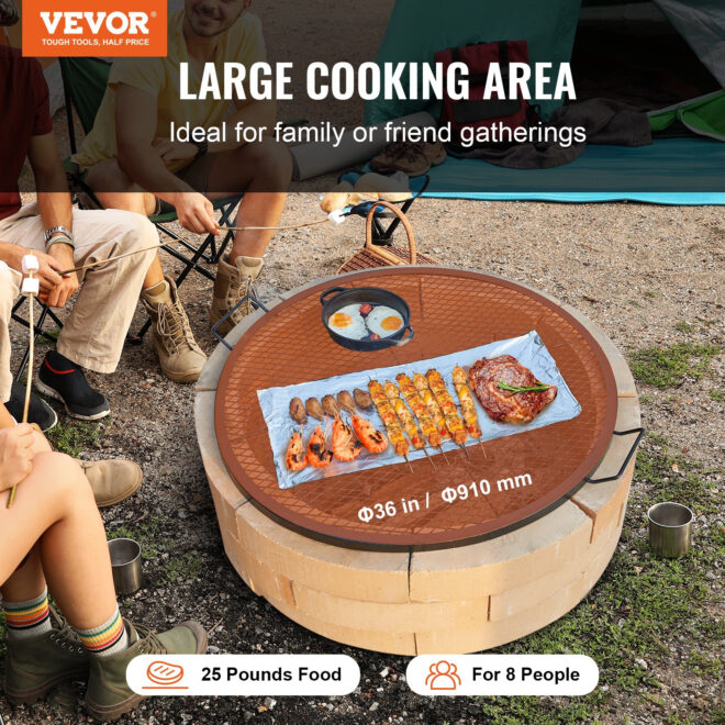 VEVOR X-Marks Fire Pit Grill Grate, Round Cooking Grate, Heavy Duty Steel Campfire BBQ Grill Grid with Handle and Support X Wire, Portable Camping Cookware for Outside Party & Gathering, 36 Inch Black - Image 2