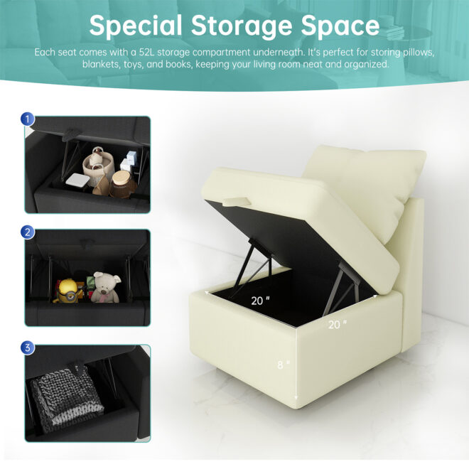 Livelylodge Modular 3-Seat Sofa with Wooden Frame and Pull-Out Bed,  Convertible Sectional Sofa for Living Room, Available in Black, White, and Gray 85" L x 30.5" W x 34" H. - Image 22