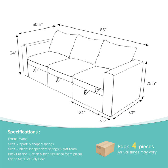 Livelylodge Modular 3-Seat Sofa with Wooden Frame and Pull-Out Bed,  Convertible Sectional Sofa for Living Room, Available in Black, White, and Gray 85" L x 30.5" W x 34" H. - Image 19