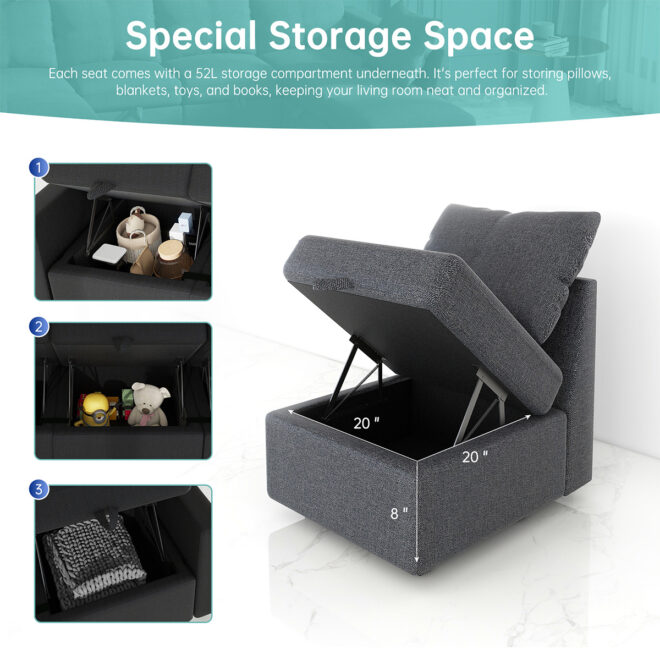 Livelylodge Modular 3-Seat Sofa with Wooden Frame and Pull-Out Bed,  Convertible Sectional Sofa for Living Room, Available in Black, White, and Gray 85" L x 30.5" W x 34" H. - Image 4