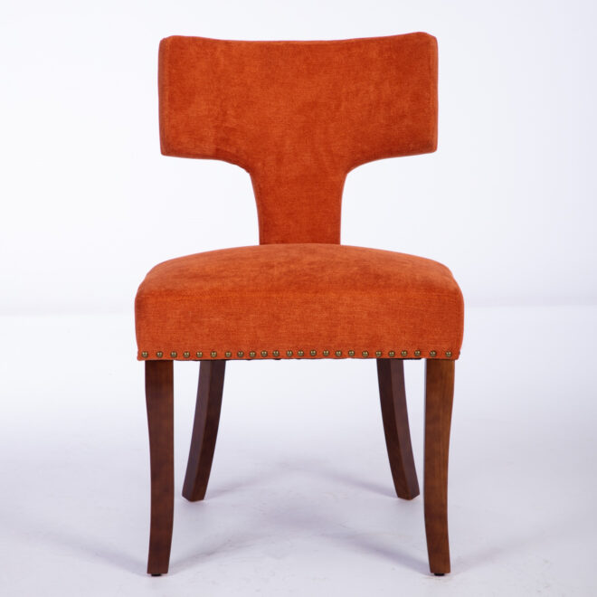 Mid Century Modern Dining Chairs Set of 2, Farmhouse Linen Fabric Upholstered Accent Chair Curved Backrest with Copper Nails around,Kitchen Chairs with Hardwood Frame, Orange - Image 2