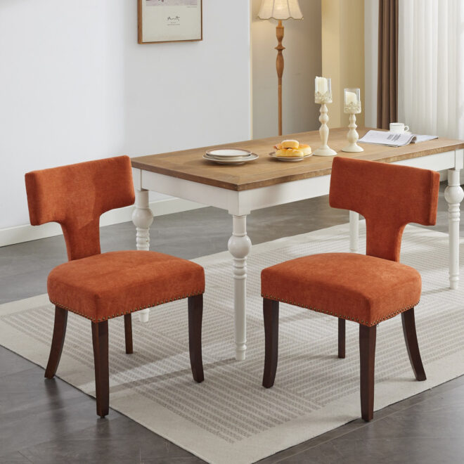 Mid Century Modern Dining Chairs Set of 2, Farmhouse Linen Fabric Upholstered Accent Chair Curved Backrest with Copper Nails around,Kitchen Chairs with Hardwood Frame, Orange - Image 14