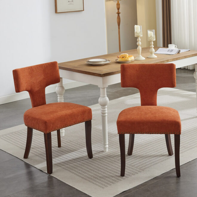 Mid Century Modern Dining Chairs Set of 2, Farmhouse Linen Fabric Upholstered Accent Chair Curved Backrest with Copper Nails around,Kitchen Chairs with Hardwood Frame, Orange - Image 16