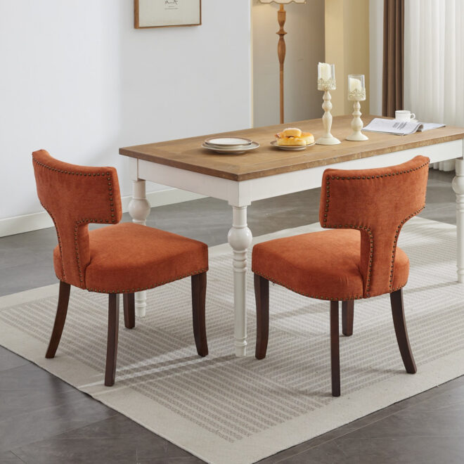Mid Century Modern Dining Chairs Set of 2, Farmhouse Linen Fabric Upholstered Accent Chair Curved Backrest with Copper Nails around,Kitchen Chairs with Hardwood Frame, Orange - Image 17