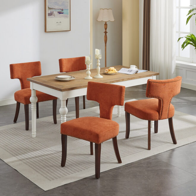 Mid Century Modern Dining Chairs Set of 2, Farmhouse Linen Fabric Upholstered Accent Chair Curved Backrest with Copper Nails around,Kitchen Chairs with Hardwood Frame, Orange - Image 18