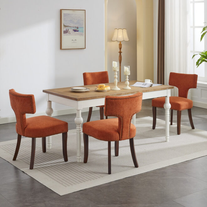 Mid Century Modern Dining Chairs Set of 2, Farmhouse Linen Fabric Upholstered Accent Chair Curved Backrest with Copper Nails around,Kitchen Chairs with Hardwood Frame, Orange - Image 19