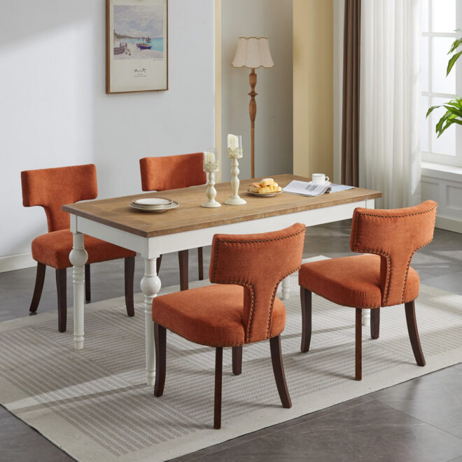 Mid Century Modern Dining Chairs Set of 2, Farmhouse Linen Fabric Upholstered Accent Chair Curved Backrest with Copper Nails around,Kitchen Chairs with Hardwood Frame, Orange - Image 20