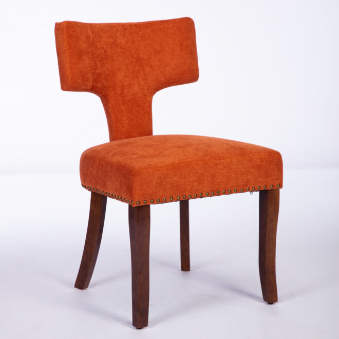 Mid Century Modern Dining Chairs Set of 2, Farmhouse Linen Fabric Upholstered Accent Chair Curved Backrest with Copper Nails around,Kitchen Chairs with Hardwood Frame, Orange - Image 3