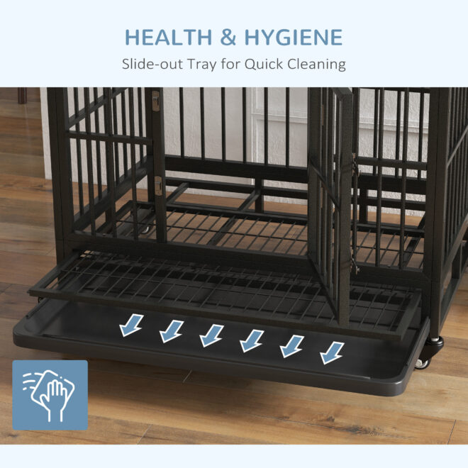 PawHut 36" Heavy Duty Dog Crate Metal Cage Kennel with Lockable Wheels, Double Door and Removable Tray, Gray - Image 3