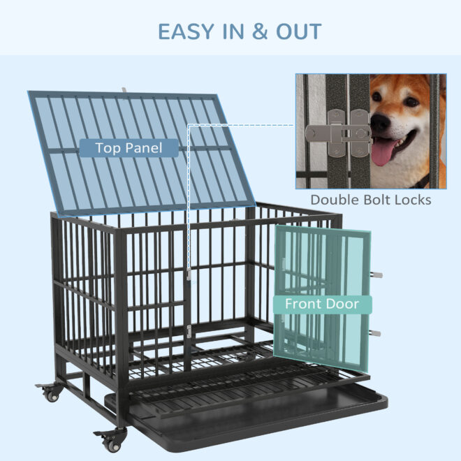 PawHut 36" Heavy Duty Dog Crate Metal Cage Kennel with Lockable Wheels, Double Door and Removable Tray, Gray - Image 4