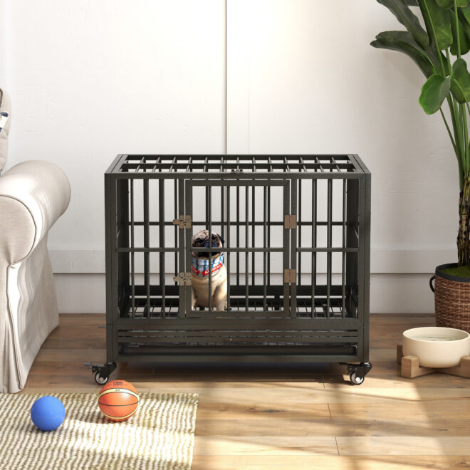 PawHut 36" Heavy Duty Dog Crate Metal Cage Kennel with Lockable Wheels, Double Door and Removable Tray, Gray - Image 5