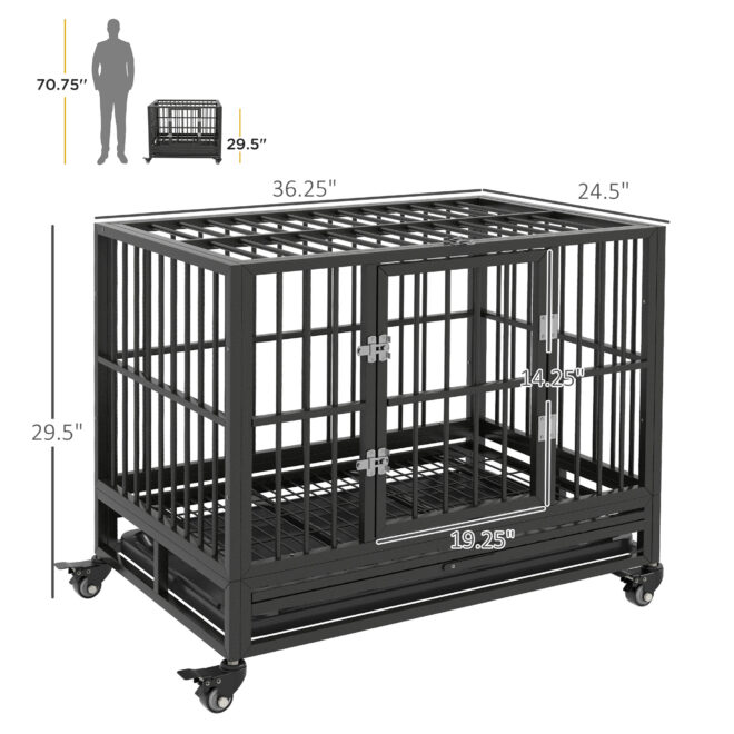 PawHut 36" Heavy Duty Dog Crate Metal Cage Kennel with Lockable Wheels, Double Door and Removable Tray, Gray - Image 7