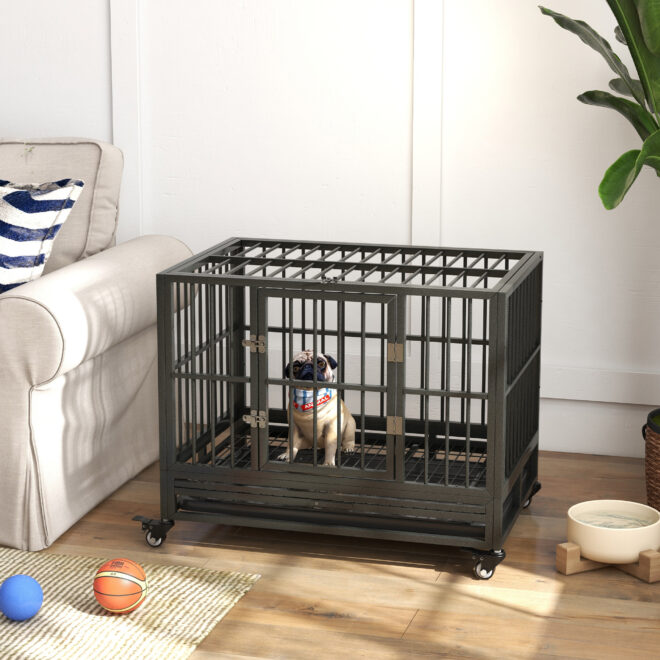 PawHut 36" Heavy Duty Dog Crate Metal Cage Kennel with Lockable Wheels, Double Door and Removable Tray, Gray - Image 8