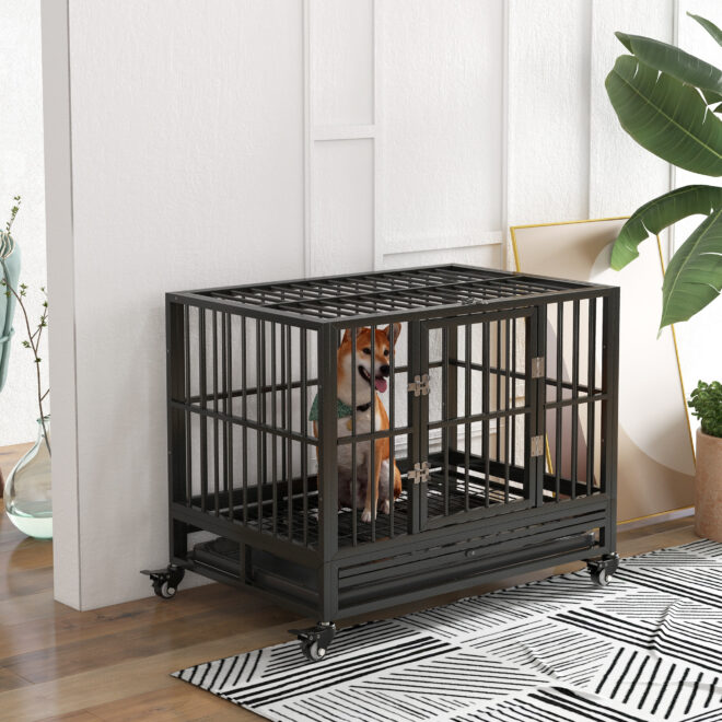 PawHut 36" Heavy Duty Dog Crate Metal Cage Kennel with Lockable Wheels, Double Door and Removable Tray, Gray - Image 9