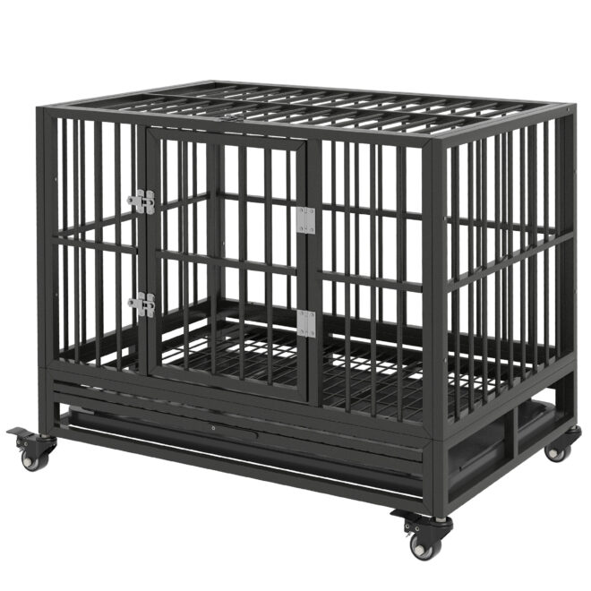 PawHut 36" Heavy Duty Dog Crate Metal Cage Kennel with Lockable Wheels, Double Door and Removable Tray, Gray - Image 10