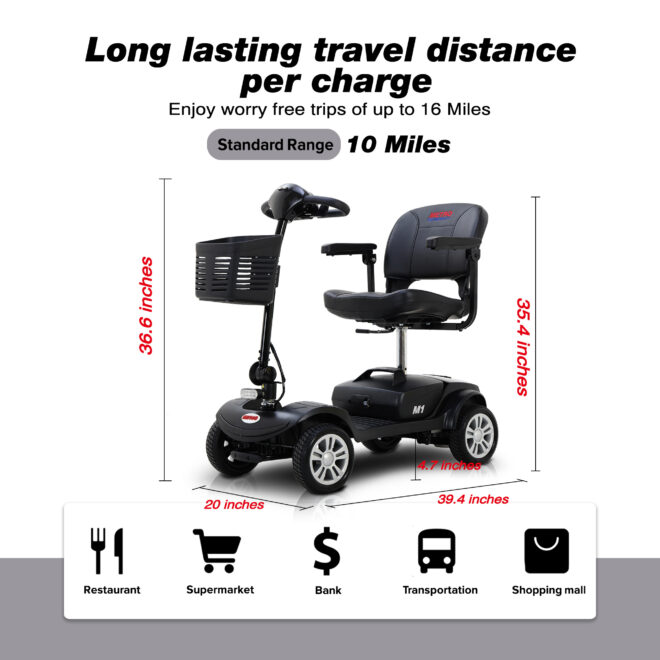 Four wheels Compact Travel Mobility Scooter with 300W Motor for Adult-300lbs, Gloss Black - Image 6