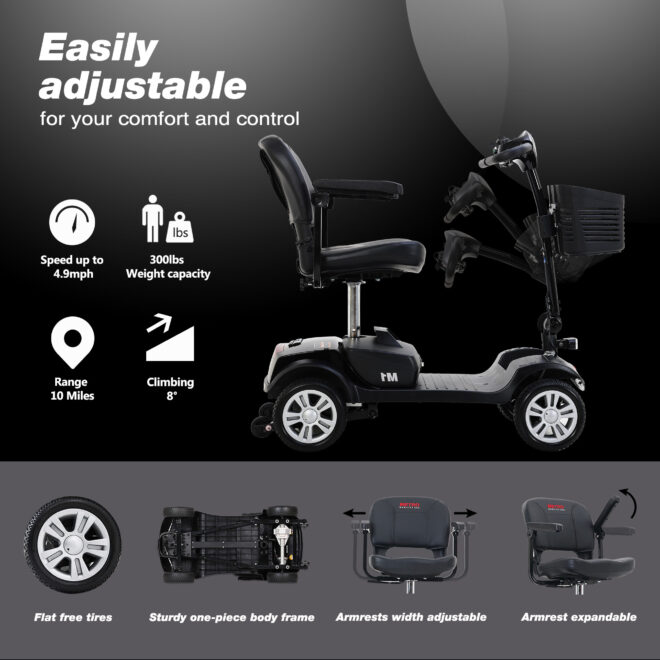 Four wheels Compact Travel Mobility Scooter with 300W Motor for Adult-300lbs, Gloss Black - Image 9