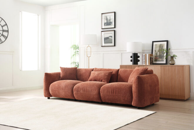 Mid Century Modern Couch 3-Seater Sofa for Livingroom, Orange - Image 7