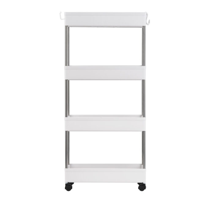4 Tier Slim Storage Cart Mobile Shelving Unit Organizer Slide Out Storage Rolling Utility Cart Tower Rack for Kitchen Bathroom Laundry Narrow Places, Plastic & Stainless Steel, White - Image 2