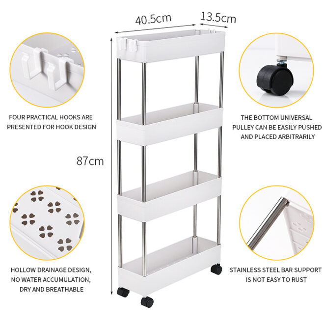 4 Tier Slim Storage Cart Mobile Shelving Unit Organizer Slide Out Storage Rolling Utility Cart Tower Rack for Kitchen Bathroom Laundry Narrow Places, Plastic & Stainless Steel, White - Image 3